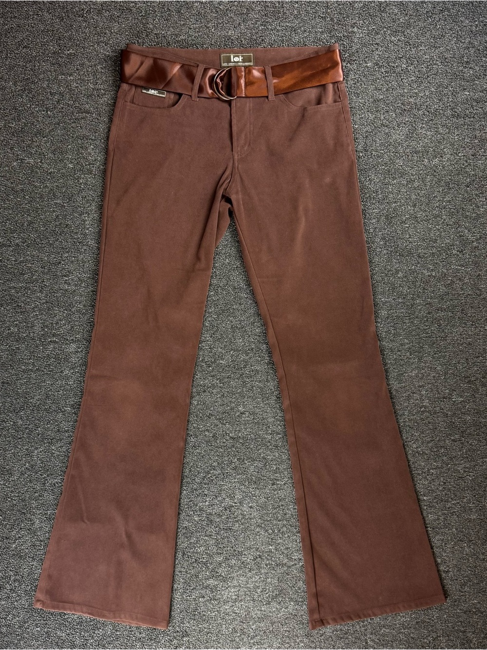 LEI Y2K Brown Stretch Polyester Twill Flared Belted Pants Aesthetic Sz 5 Jrs